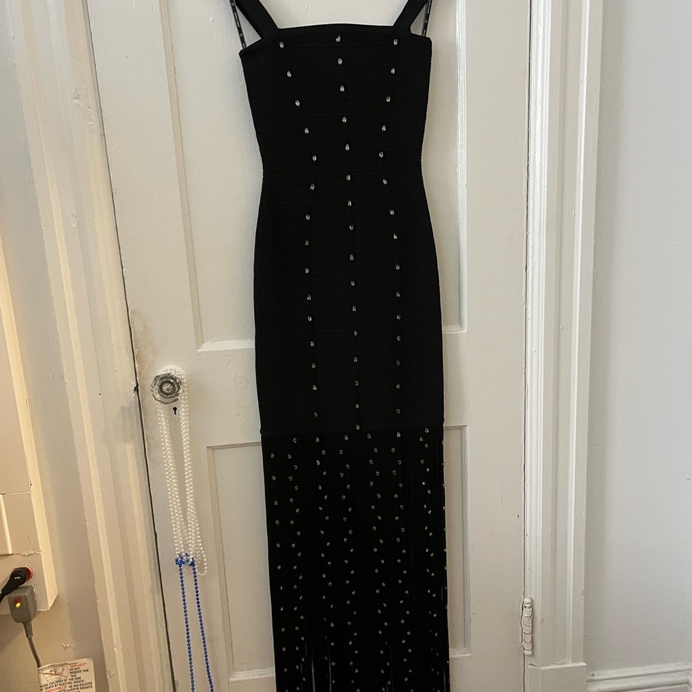 Herve Leger Black Beaded Fringe Strap Maxi Dress